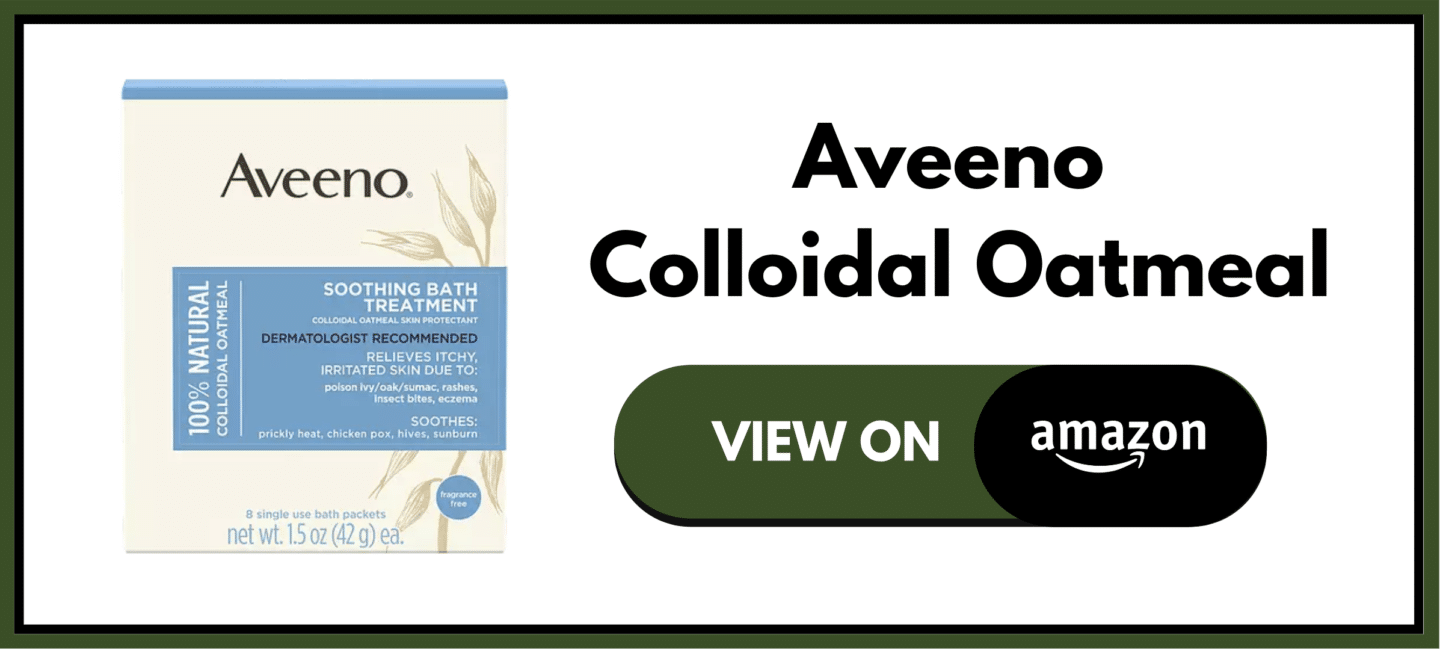 Aveeno Colloidal Oatmeal beige and blue box with picture of wheat grass on front.